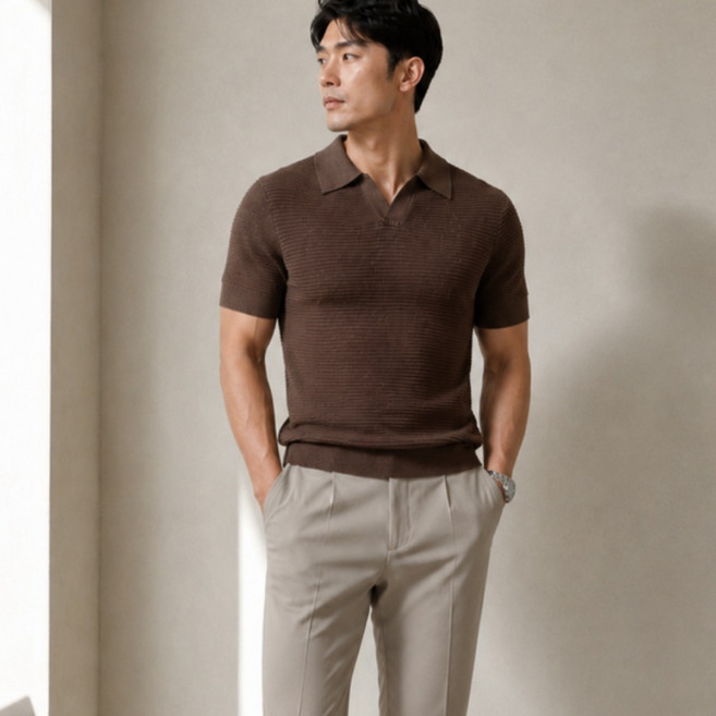 남성 여름 반팔 카라 니트 크리스보더 솔리드 트라펠 하이엔드 캐주얼 질감 통기성 폴로셔츠