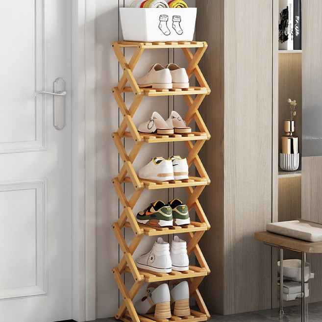 접이식 신발장 가정용 좁은 현관 틈새 오픈 폴딩 선반, 7단, 내추럴우드