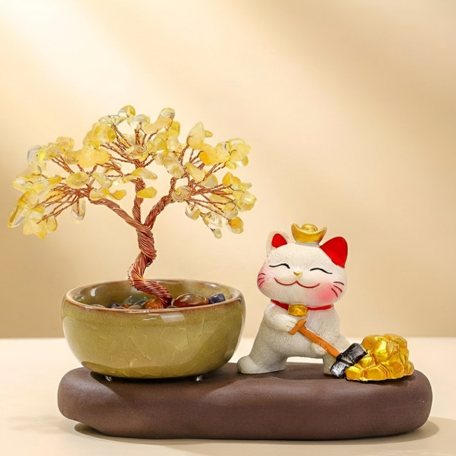 럭키리우 돈나무 황금나무 마네키네코 장식 4종 행운 재물운 인테리어 소품, 채굴 고양이