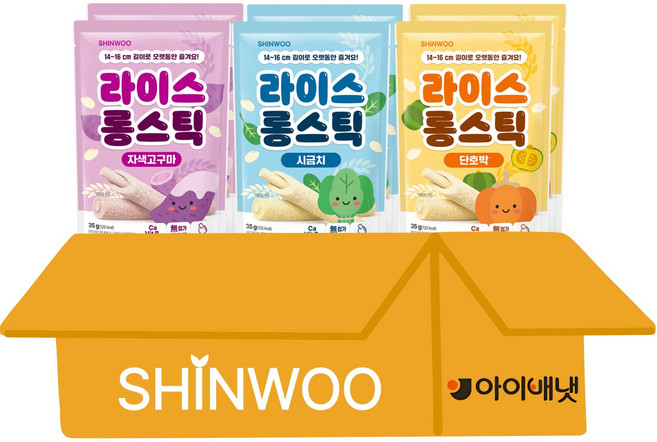 [아이배냇]롱떡뻥 신우 라이스롱스틱 3종 자색고구마 2봉+단호박 2봉+시금치 2봉, 1개, 35g, 자색고구마, 시금치, 단호박