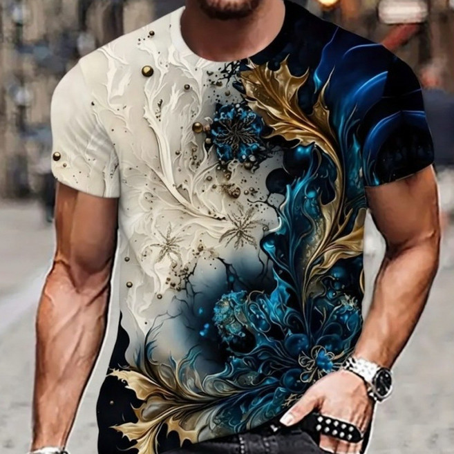 여름 남성 초현실적인 3D 꽃무늬 플라워 나염 반팔 티셔츠
