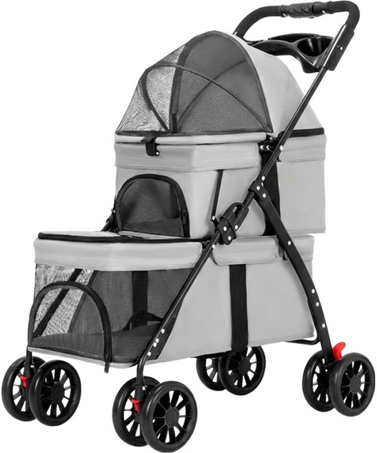 휘서댕 2인용 경량 원터치 퀵 폴딩 반려동물 유모차 컵홀더포함, 1개, 그레이