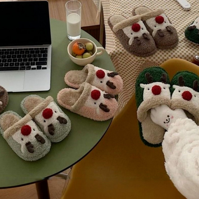 폭신 루돌프 겨울 털실내화 커플 패밀리룩 아동 어른 공용 보온 슬리퍼 홈슈즈