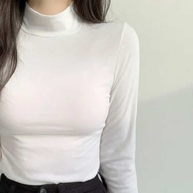 ANYOU 여성 슬림핏 무지 목폴라 긴팔 티셔츠 베이직 이너 레이어드 데일리 상의