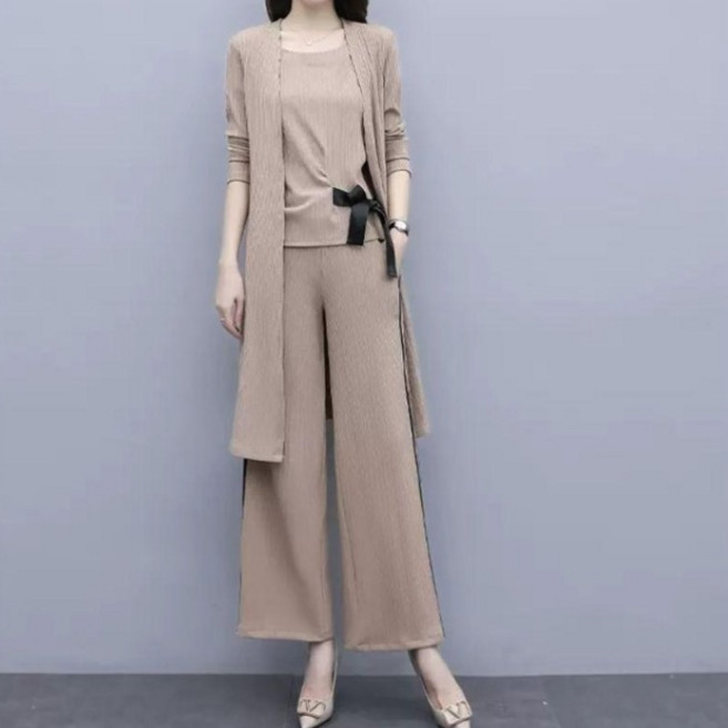 오스틱니 2026 87.5kg까지 여성 빅사이즈 봄가을 캐주얼 날씬해 보이는 외출용 우아한 세트 엄마룩 슬림핏 아우터+상의+와이드 팬츠 3피스 세트
