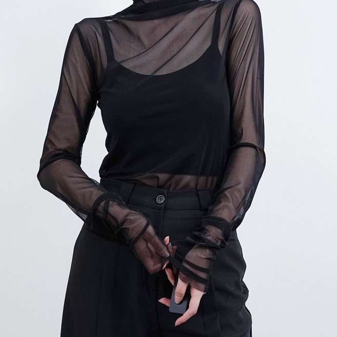 섹시 글렘 시스루 터들넥 스판 긴팔티