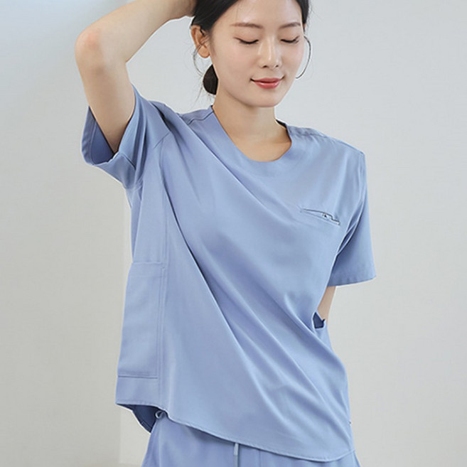 여성 크루넥 사이드포켓 스크럽 티셔츠 인디고(ET-103W-3) 의사가운 약사가운 간호사복 간호복 수술복 간호사유니폼 병원가운 대학생 실습용가운 실험복 스크럽복 병원유니폼