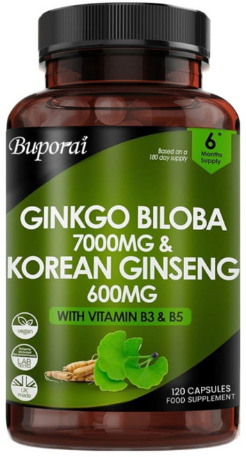 은행나무와 고려인삼 정제 - 7000mg 은행나무 허브 보충제 & 600mg 인삼 고강도 인삼 추출물 - 비타민 B3 및 B5 강화, 1개, 60정
