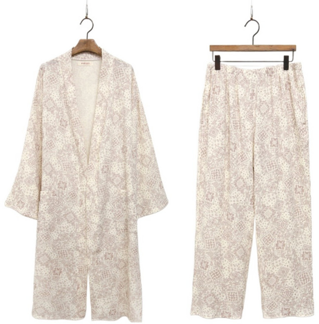 남녀공용 순면 이중지 로브가운 상하세트 샤워가운 커플홈웨어, 1세트, 페이즐리핑크 L