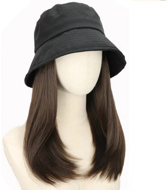 자외선차단 버킷햇 가발 / 얼굴이 작아 보이는 내추럴 일체형 롱 가발, 1개, 다크브라운