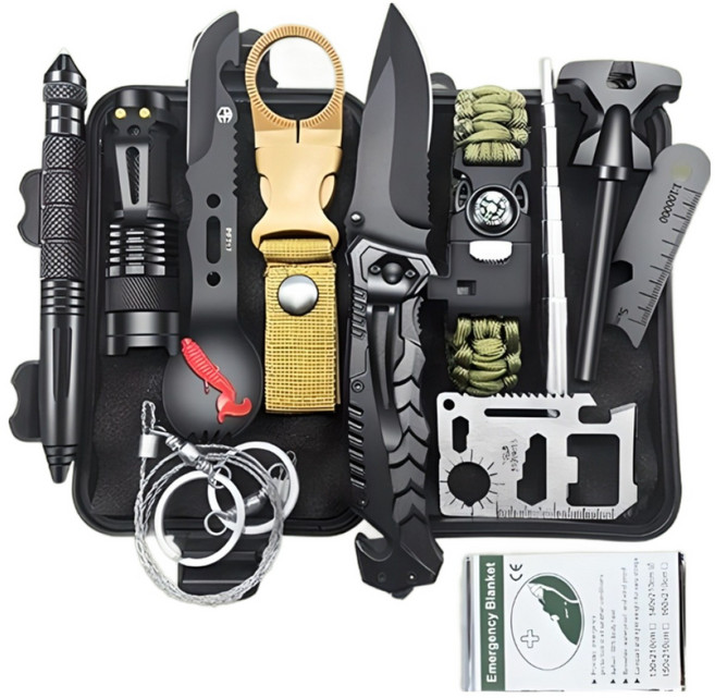 서바이벌 12종 생존키트 생존가방 야영 캠핑 비상용품 재난대비, 1세트