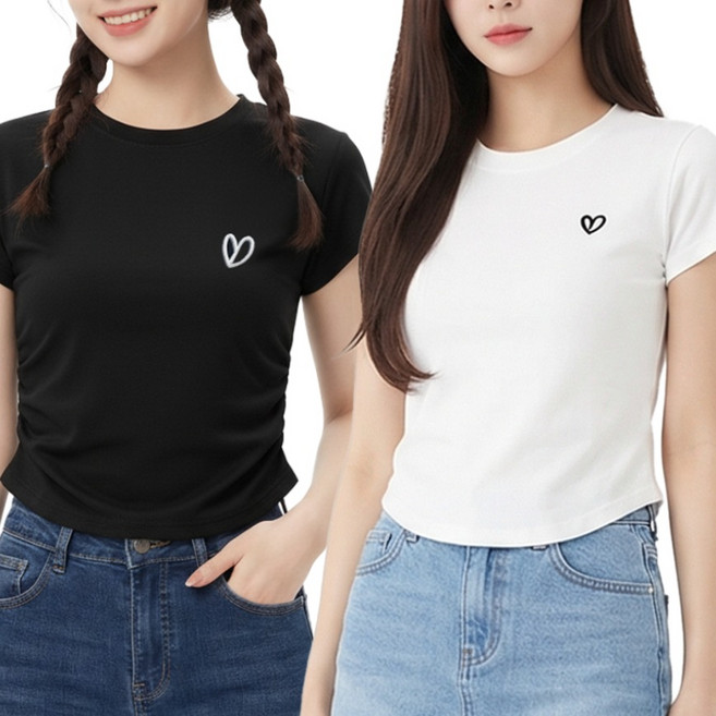 바이로이 1+1 여성 모달 하트 자수 셔링 크롭 반팔티