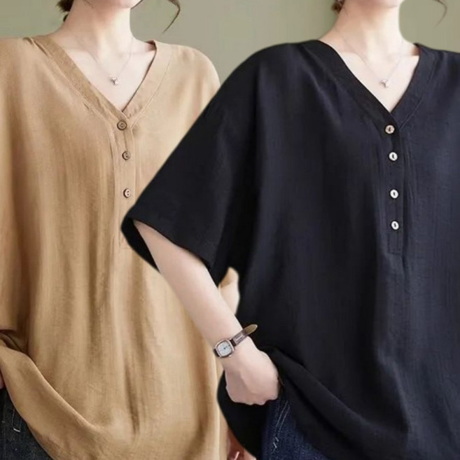 1+1 중년여성 브이넥 반팔 티셔츠 여름 오버핏 면 마 면티 빅사이즈 50대60대