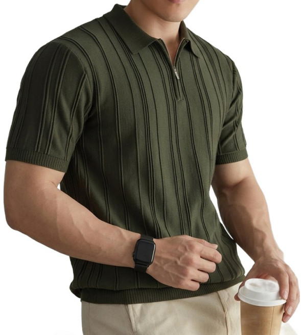 ANYOU 남성 여름 슬림핏 스트라이프 니트 베이직 반팔 티셔츠