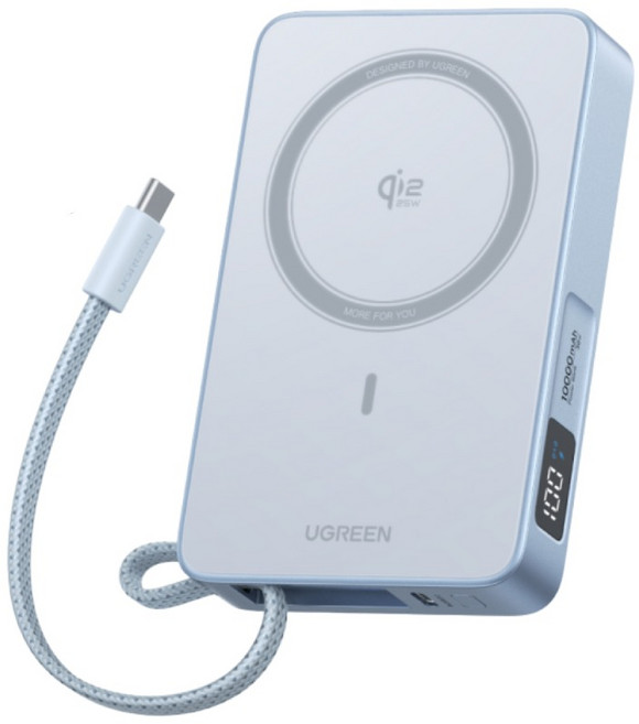 UGREEN 유그린 MagFlow Qi2 25W 10000mAh 무선 충전 보조배터리 일체형 맥세이프 보조배터리 30W C타입 케이블 내장형 파워뱅크 아이폰17 프로맥스/16 호환, Blue, PB773