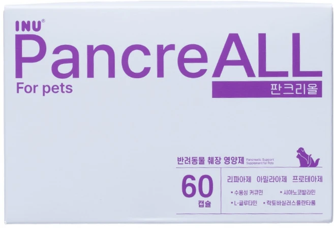 아이누 판크리올 60캡슐 강아지 고양이 췌장영양제 소화영양제 효소 장용코팅 설사, 1개, 소화기능/췌장개선, 60정 - 쿠팡