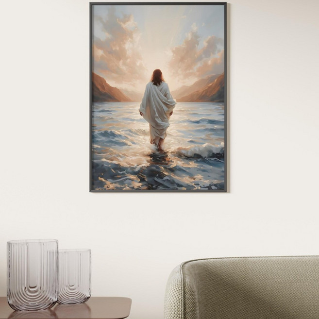 물위를 걷는 예수님 기독교 교회 성경 구절 성화 그림 액자, 화이트