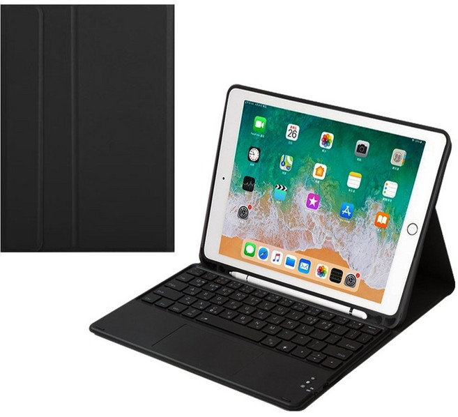 CSHINE 아이패드 애플펜슬 수납 led터치패드 트랙패드 블루투스 키보드 케이스, 검정