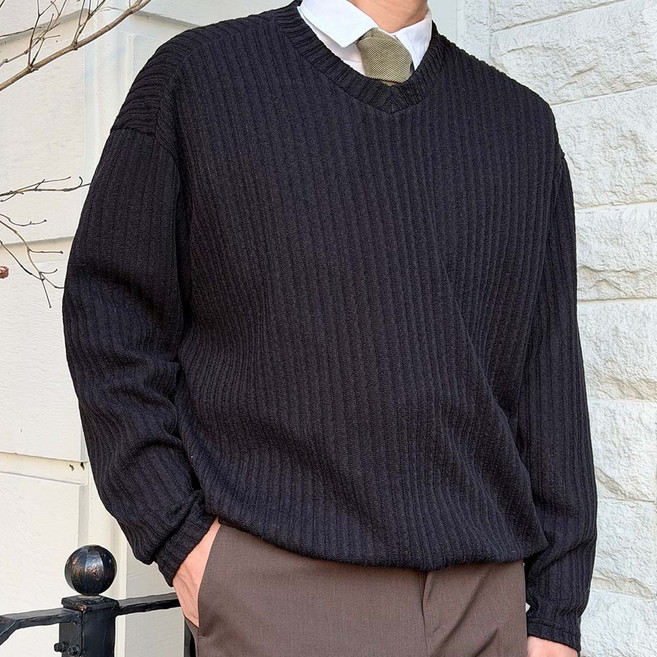 M-6XL 쏙쏙니트 자동넣입 오버핏 브이넥 니트 스판 포멀룩 출근코디 남자빅사이즈