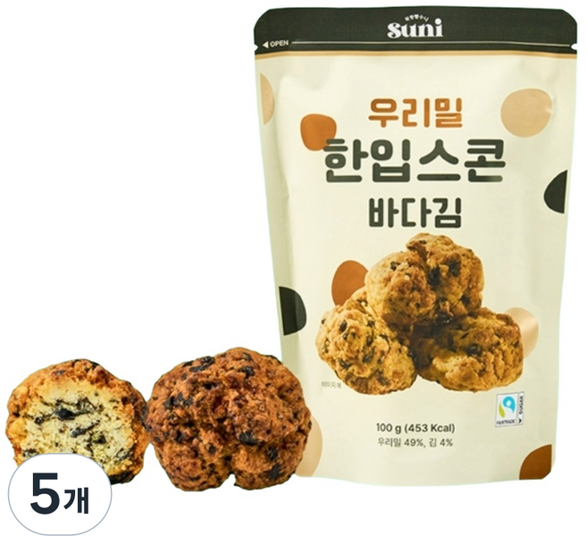착한빵수니 우리밀 한입스콘 바다김 100% 우리밀 공정무역 건강한 한입 스낵, 5개, 100g