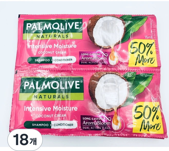 [팜올리브] 코코넛 샴푸 내추럴스 크림 인텐시브 모이스처 2in1 여행용, 18개, 15ml - 쿠팡