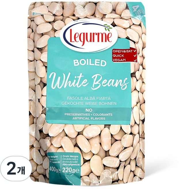 [르구르메] 삶은 흰강낭콩 화이트빈 / 샐러드 토핑/ 비건 식재료 / 후무스 재료/ 지중해식 식단, 400g, 2개