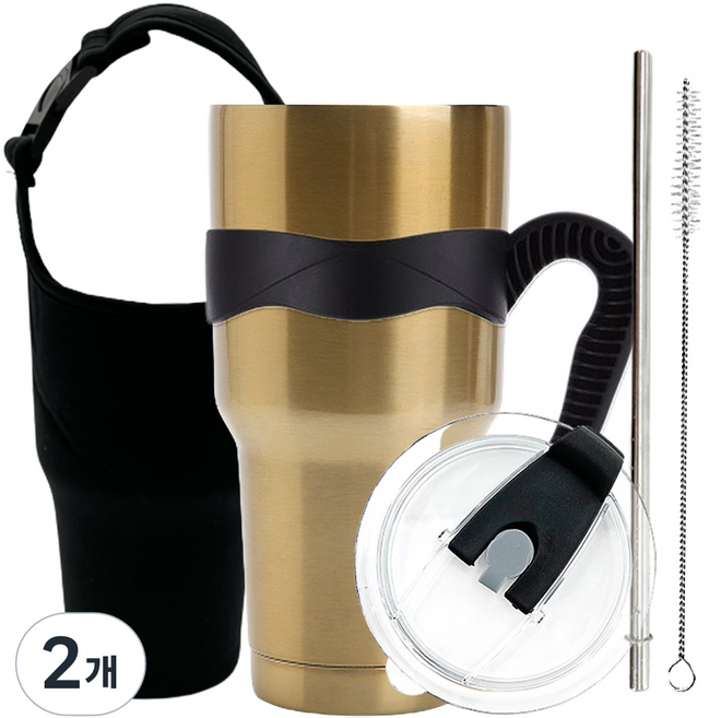 굿아이템 대용량 진공 스텐텀블러 + 밀폐뚜껑 + 손잡이 + 스테인레스빨대 + 세척솔 + 캐리어 풀세트, 골드, 0.9L, 2개