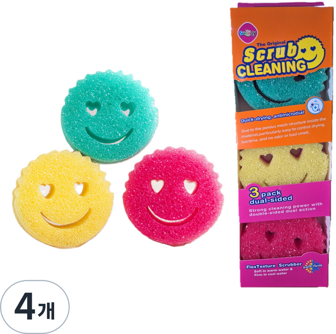 스크럽 클리닝 스마일 수세미 손쉬운 거품 세척 위생적 교체, 4개, 3개입