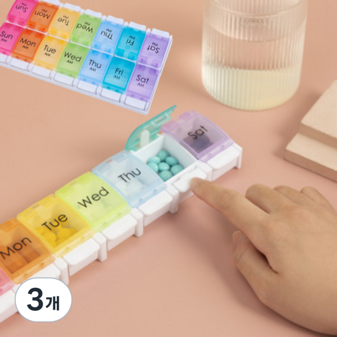 요일 매일 하루 주간 약통 휴대용약통 밀폐 알약 약 케이스 1주일 7칸 요일별 여행용 약통, 옵션1.1x7 막대버튼식 요일약통, 3개