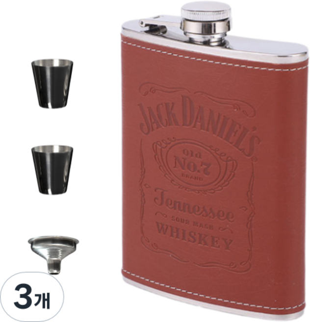 씨엔와우 힙플라스크 휴대용 포켓 술병 위스키 소주 보틀 스테인레스 8oz ( 230ml ), 3개, 가죽 갈색