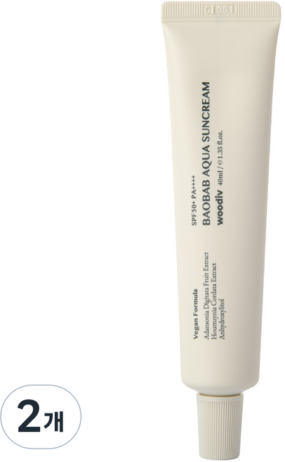 [우디브] 바오밥 아쿠아 선크림 / 눈시림 없는 무기자차 비건 촉촉함, 2개, 40ml
