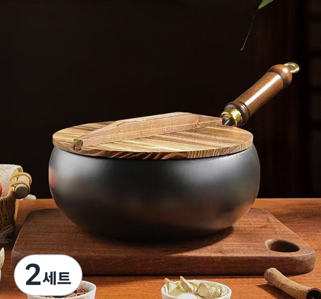 라이프헬퍼 24cm 논스틱 넓은 궁중팬 프라이팬 인덕션 순철 무쇠 후라이팬 가정용 무코팅 철 후라이팬 주물, 2세트, 냄비 24cm+나무 뚜껑, 블랙
