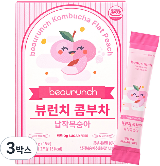 NEW 디자인 뷰런치 콤부차 납작복숭아맛 / 당류 제로 / 15kcal / 제로탄산 / 다이어트 / 유산균, 3박스, 15개입, 5g