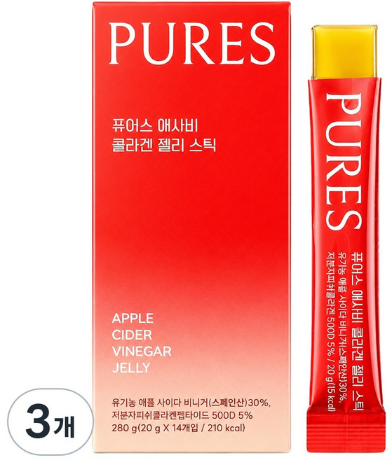 퓨어스 사과식초 애사비 애플 사이다 비니거 젤리스틱 14포입, 280g, 3개
