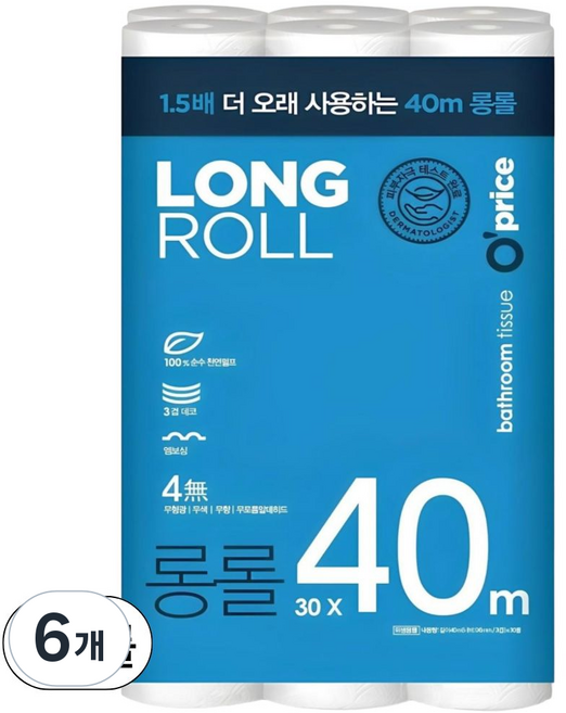 오프라이스 롱롤 40m 3겹 휴지 천연펄프 화장지 대용량 롤휴지, 30롤, 6개