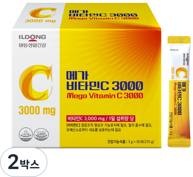 ILDONG 메가 비타민C 3000mg 고함량 순수 비타민C 100% (3개월분), 2박스, 270g