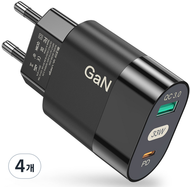 33W 2포트 USB+PD QC3.0 초고속 가정용 충전기 CDT104, 4개, 블랙