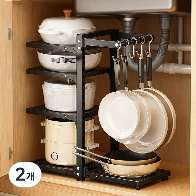 KEMEI [높이조절] 싱크대 냄비 수납 선반 주방 팬 정리대 조리대 다용도 냄비선반, 블랙, 2개, 5단