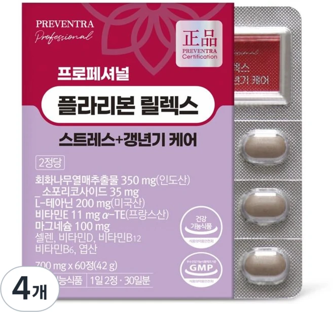 프리벤트라 플라리본 릴렉스 스트레스+갱년기 케어 / 회화나무열매 테아닌, 60정, 4개 - 쿠팡