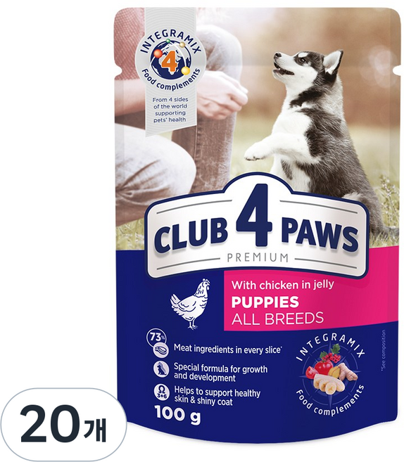 클럽4포우즈 프리미엄 파우치 퍼피 치킨젤리, 20개, 100g, 닭