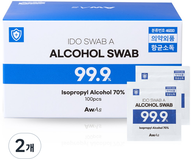 AWAS 국산 일회용 이소프로필 알콜스왑, 2개, 100개입
