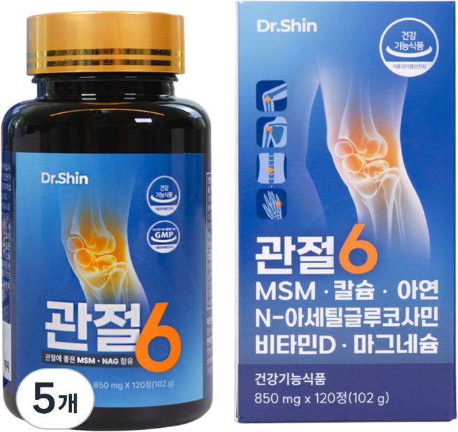 닥터신 관절6 뼈 근육 관절 건강 6in1 영양제 MSM NAG 비타민D 칼슘 마그네슘 아연, 120정, 5개