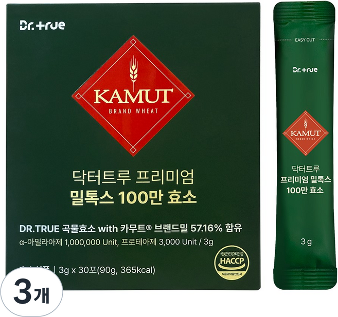 닥터트루 밀톡스 역가수치 100만 효소 카무트 브랜드밀 호라산밀 곡물, 30회분, 3개