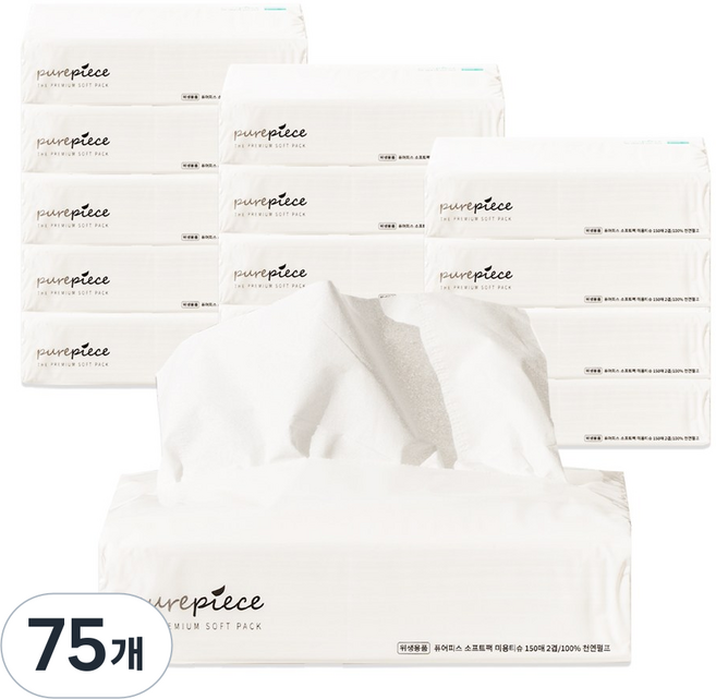 퓨어피스 먼지없는 뽑아쓰는 팝업티슈 150매입 15개 소프트팩 미용티슈 비염티슈, 75개