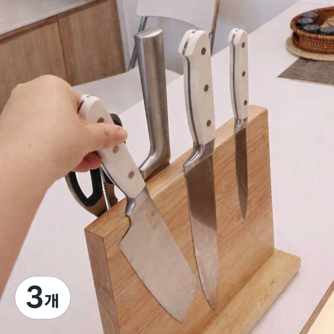 이놀 wood 자석 칼걸이 2세대 주방 칼꽂이 보관 거치대, 3개, 우드[LX949]