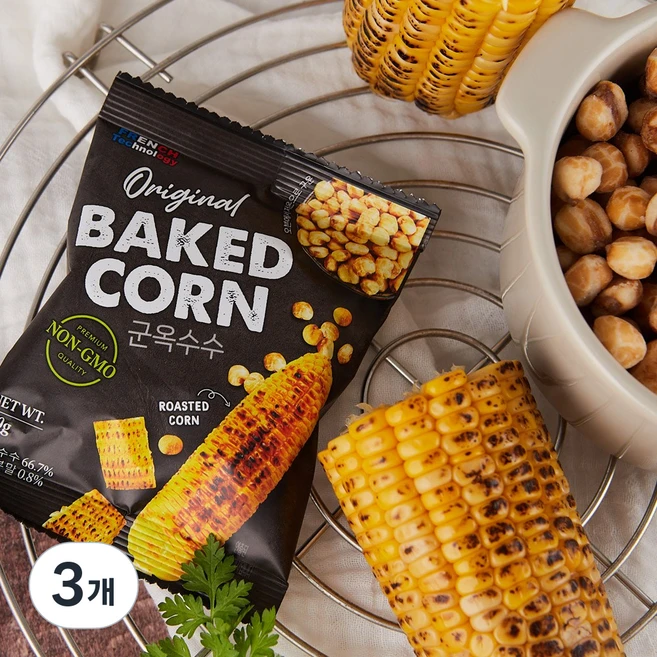 구운 옥수수 과자 찰옥수수 베이키드 콘 프로틴 10g함유 우유시즈닝 껍질제거 낱개포장, 3개, 60g - 쿠팡
