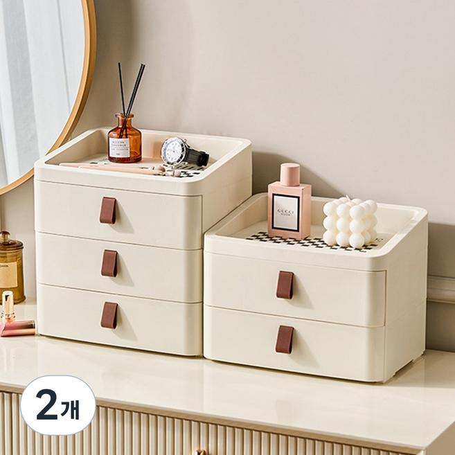 리빙픽 책상용 3단 서랍 수납박스 두꺼운 재질 다용도, 2개, 크림색