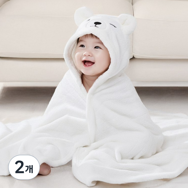 에뜨람 아기 목욕타올 샤워가운 수건 신생아 순면 베이비 후드 비치 KC인증상품, 베어 화이트_목욕타올, 2개
