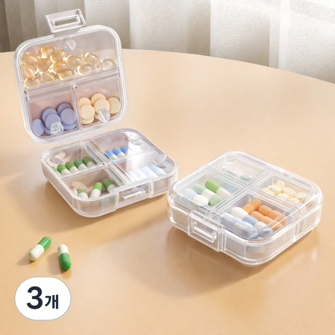 휴대용 약통 알약 케이스 칸막이 영양제 여행용 약통, 3개, 투명