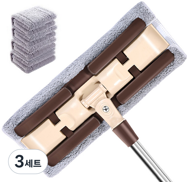 하늘박스 회전 청소밀대걸레 다용도 집게형 막대걸레 극세사걸레 밀대 세트 브라운, 3세트